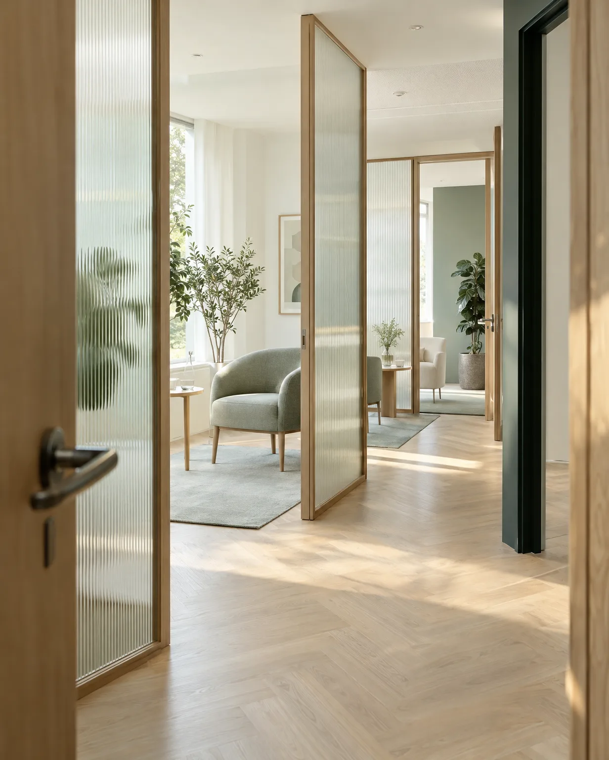 Versetzte Glaswände und Holztüren schaffen diskrete Bereiche in einer hellen Praxis. KI-generierte Architektur.